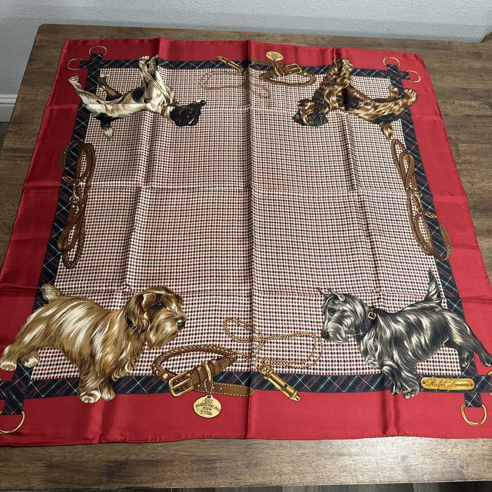 Vintage 35" Ralph Lauren Houndstooth Silk Scarf Best In Show Dogs Heritage Dog